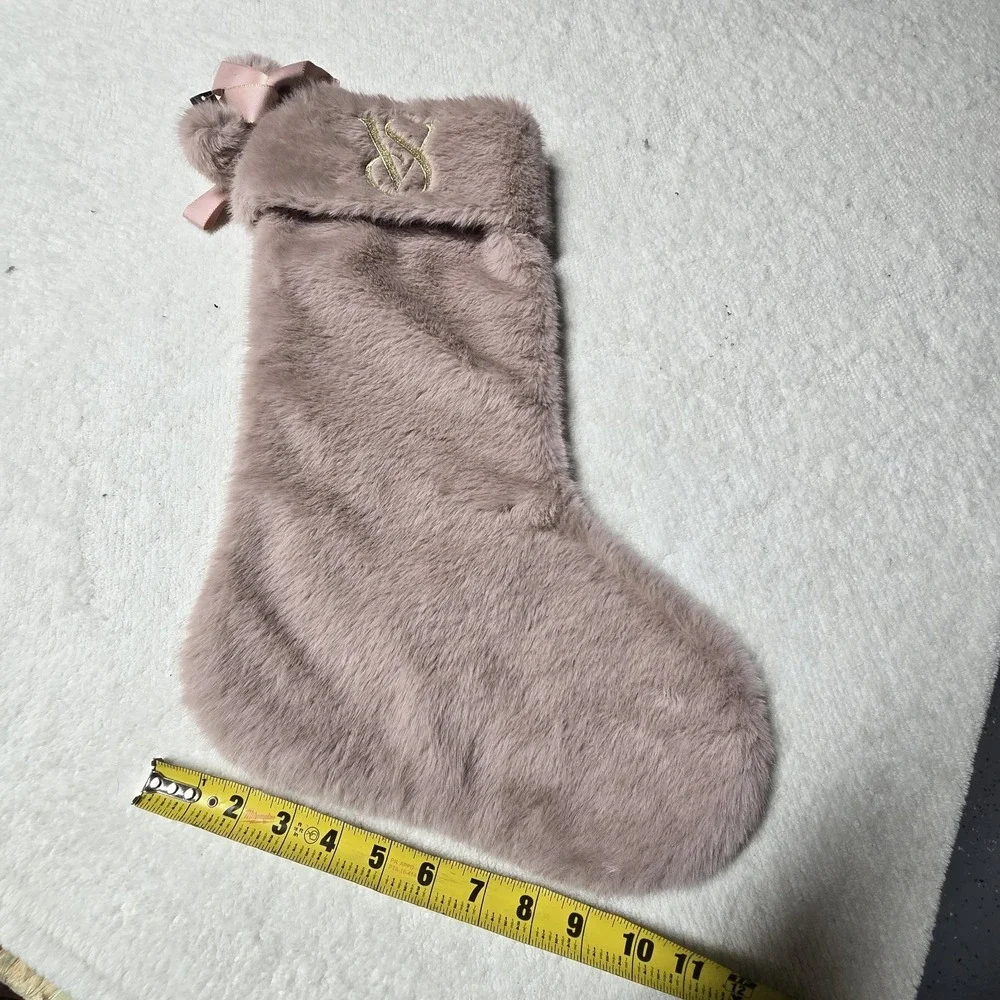 Victoria's Secret‎ Mauve Pink W/ Gold Trim Faux Fur Christmas Stocking New